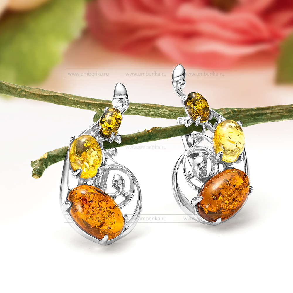 Серьги из серебра 925 пробы, украшенные природным янтарем "микс", артикул 11634
