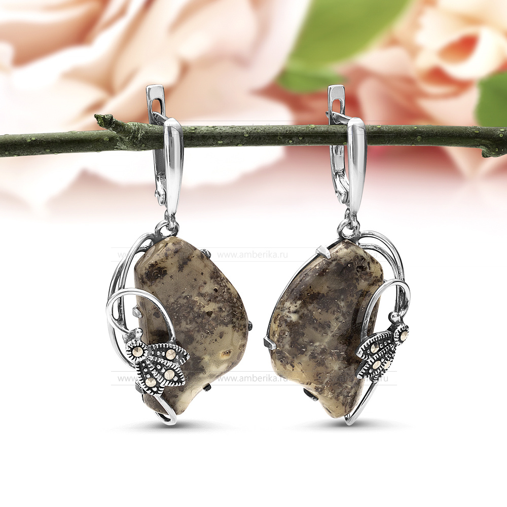 Серьги из серебра 925 пробы, украшенные природным янтарем, артикул 11233