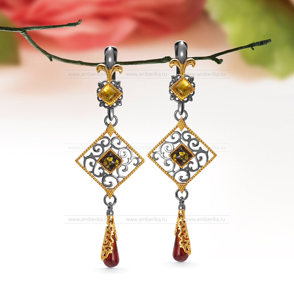 Серьги из серебра 925 пробы с природным балтийским янтарем цвета "микс", артикул 12290