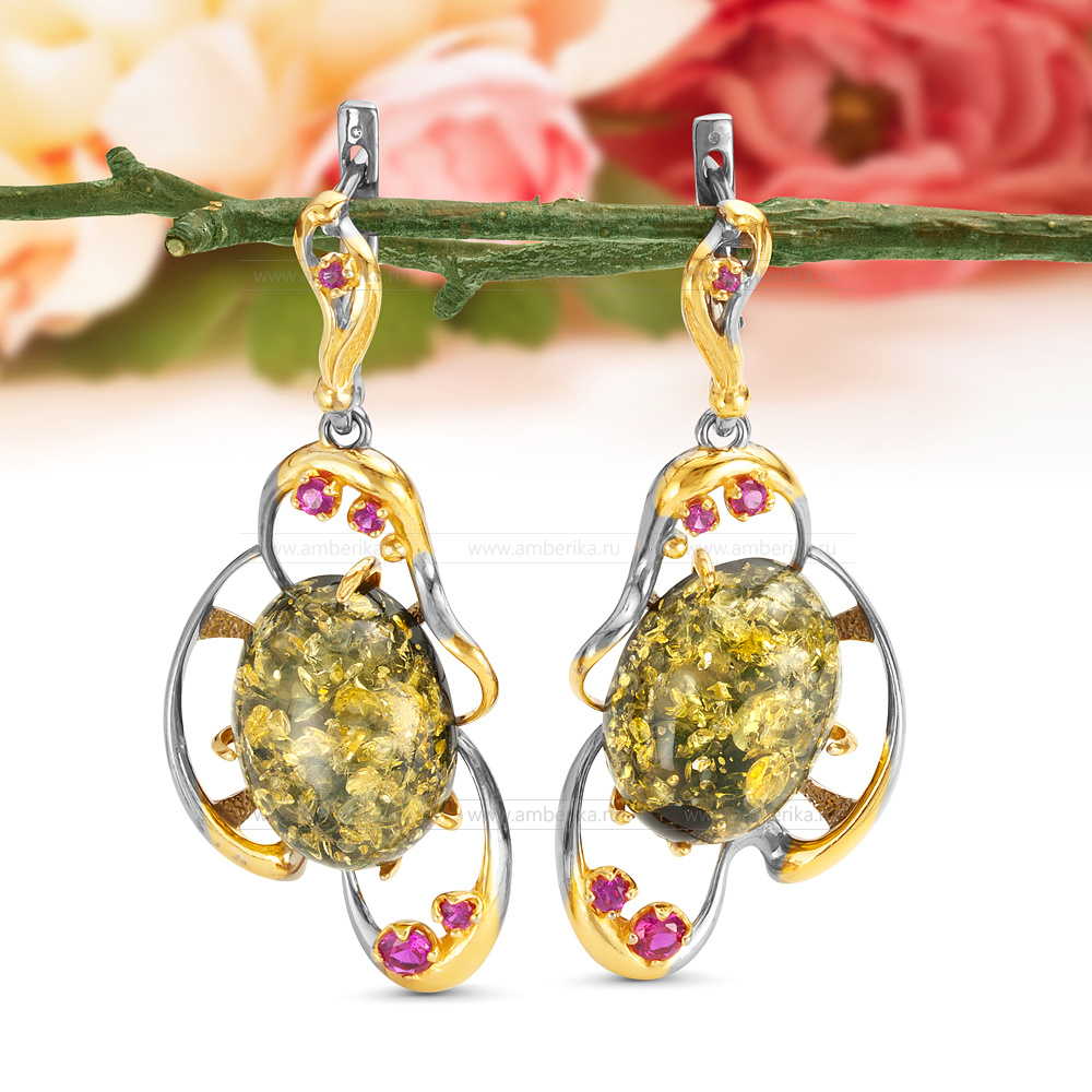 Серьги "Ажур" из серебра 925 пробы, украшенные зеленым янтарем, артикул 11716