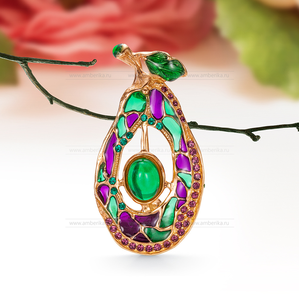 Брошь из серебра 925 пробы с зеленым природным балтийским янтарем, артикул 10949