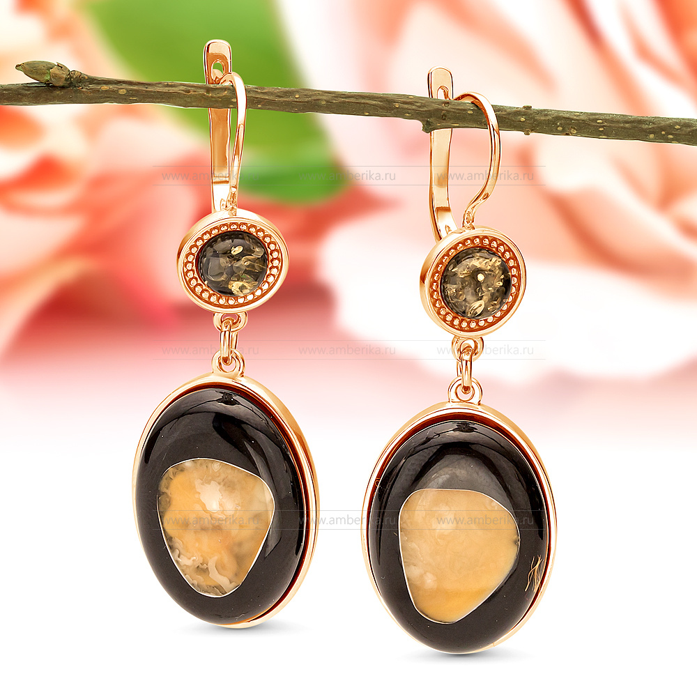 Серьги из серебра 925 пробы с природным балтийским янтарем "микс", артикул 11904