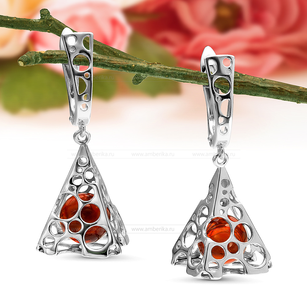 Серьги "Эдам" из серебра 925 пробы с коньячным балтийским янтарем, артикул 12334