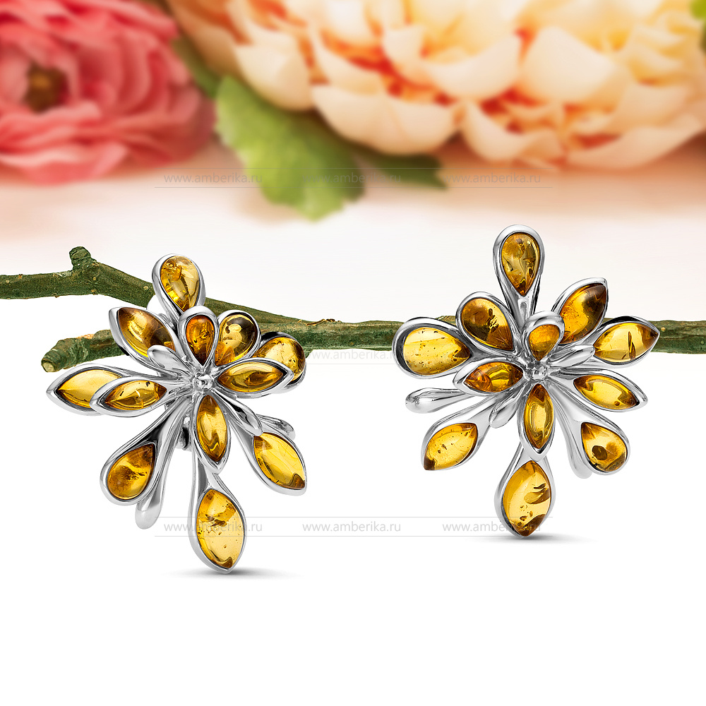Серьги "Брызги шампанского" из серебра 925 пробы с золотистым янтарем, артикул 12308
