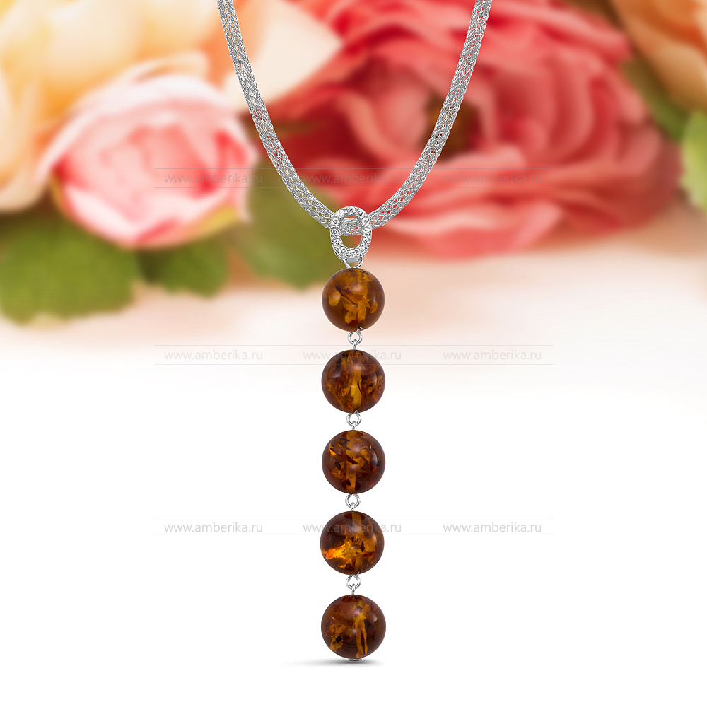 Колье "Сеточка" из серебра, украшенное коньячным балтийским янтарем, артикул 12535