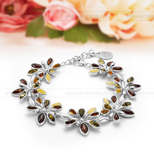 Браслет "Брызги шампанского" из серебра с балтийским янтарем "микс", артикул 11734