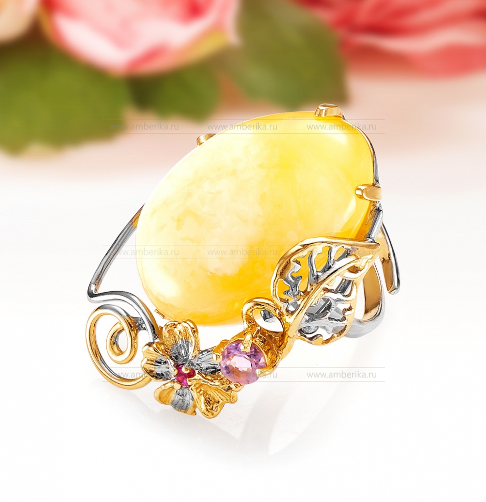 Кольцо из серебра 925 пробы с лимонным балтийским янтарем, артикул 11562
