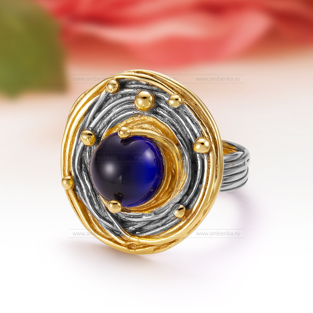 Кольцо из серебра 925 пробы с синим природным балтийским янтарем, артикул 12560