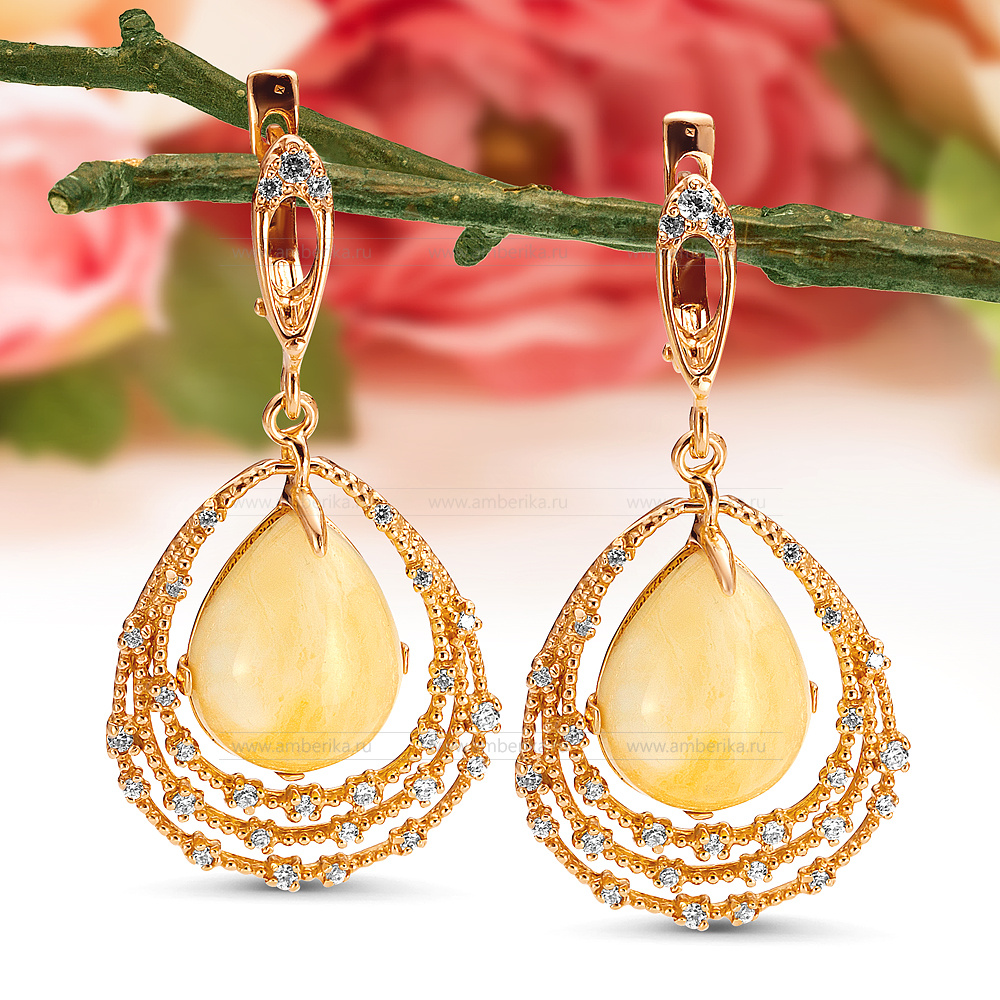 Серьги из серебра 925 пробы с лимонным балтийским янтарем, артикул 12303