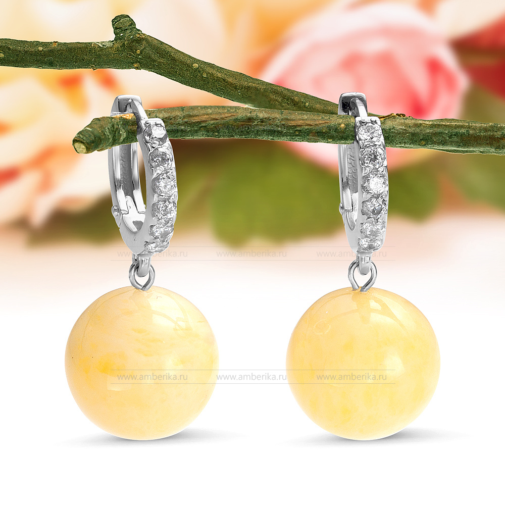 Серьги из серебра 925 пробы с лимонным балтийским янтарем, артикул 12391