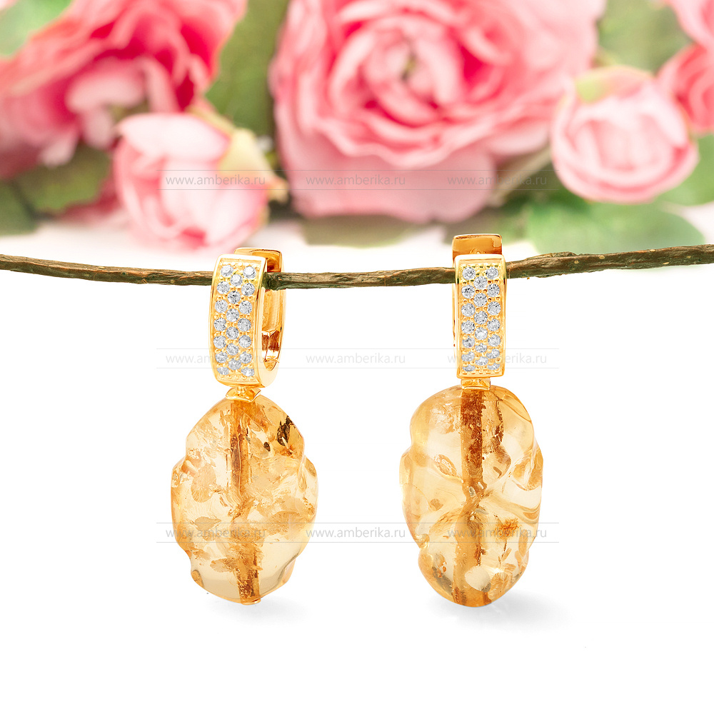 Серьги из серебра 925 пробы, украшенные золотистым балтийским янтарем, артикул 11401