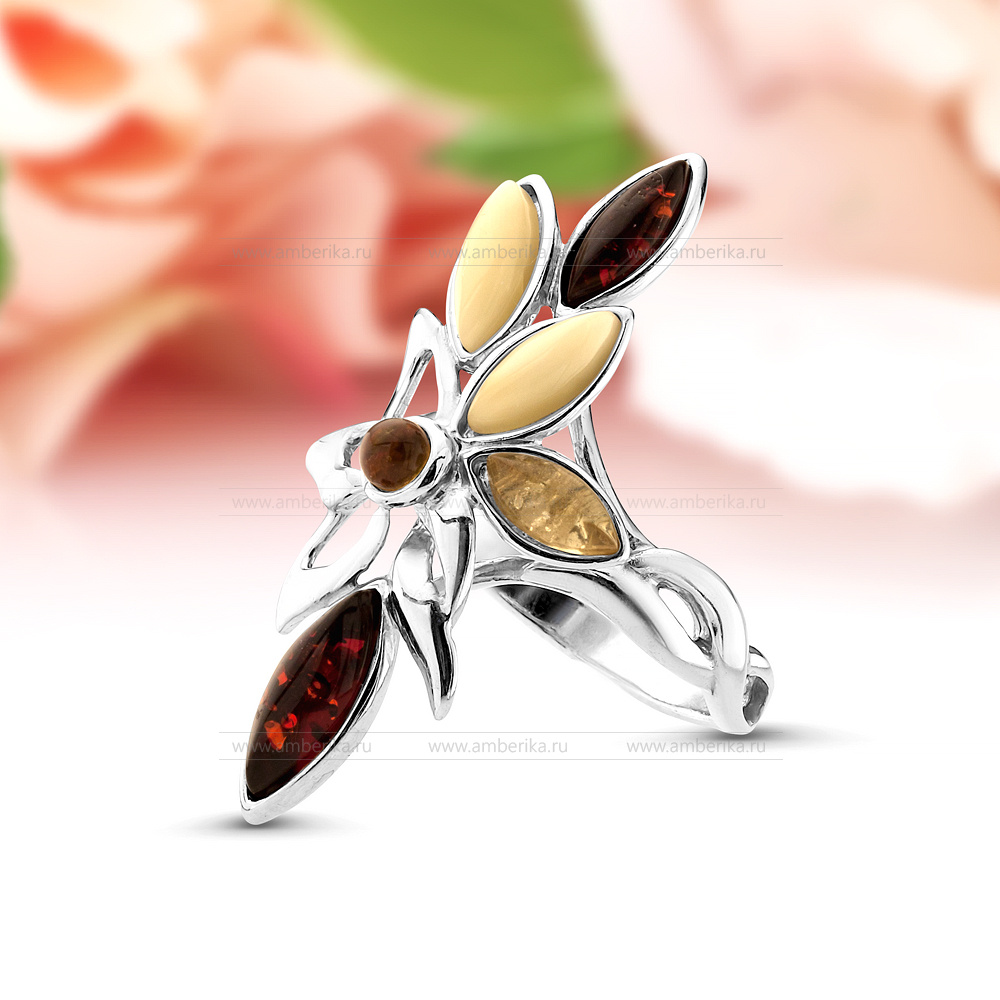 Кольцо из серебра 925 пробы с природным балтийским янтарем "микс", артикул 11074