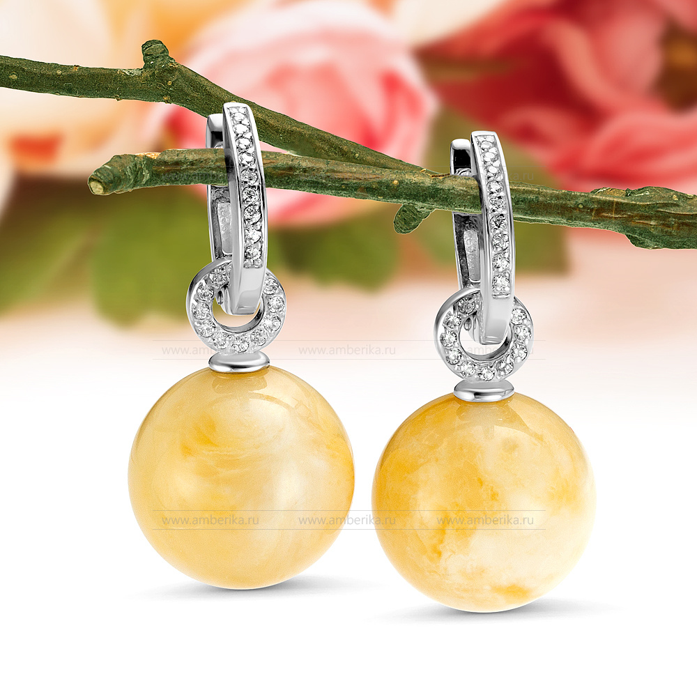 Серьги из серебра 925 пробы с лимонным балтийским янтарем, артикул 11708