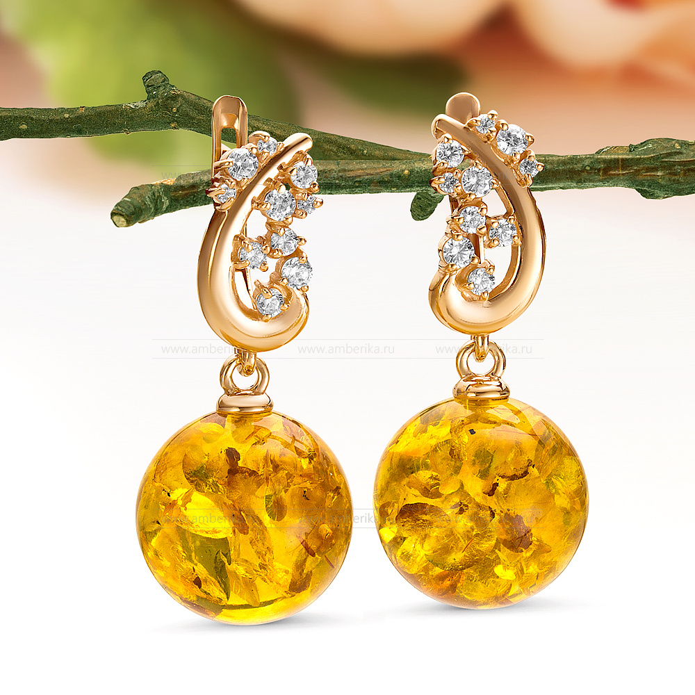 Серьги из серебра 925 пробы с золотистым балтийским янтарем, артикул 11698