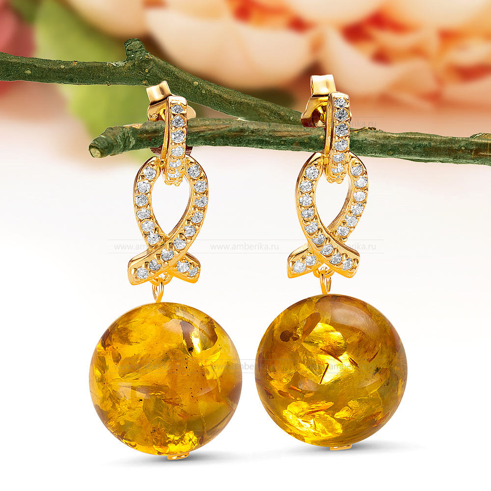 Серьги из серебра 925 пробы с золотистым балтийским янтарем, артикул 12438