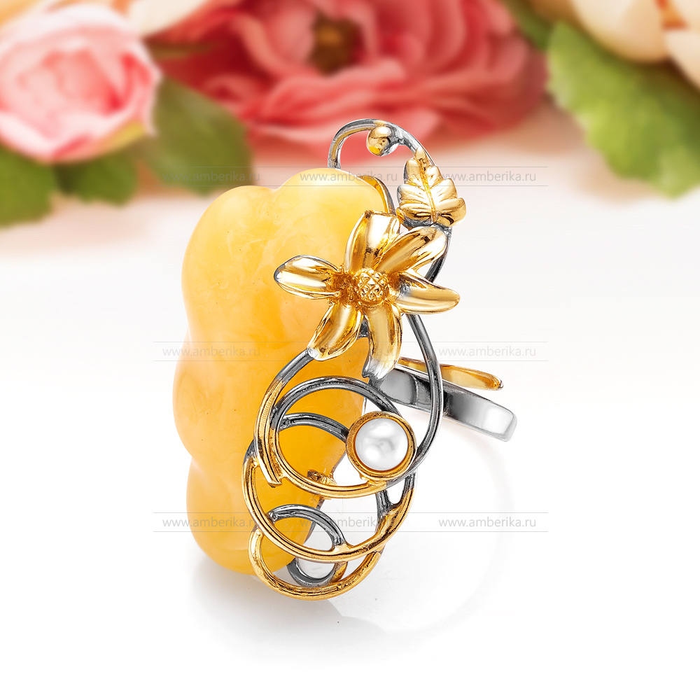 Кольцо "Прекрасный цветок" из серебра 925 пробы с лимонным янтарем, артикул 11582