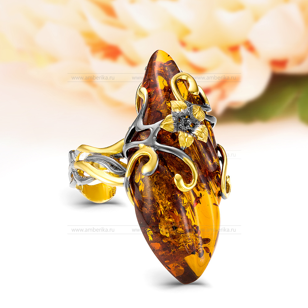 Кольцо "Скарлет" из серебра 925 пробы с коньячным балтийским янтарем, артикул 11082