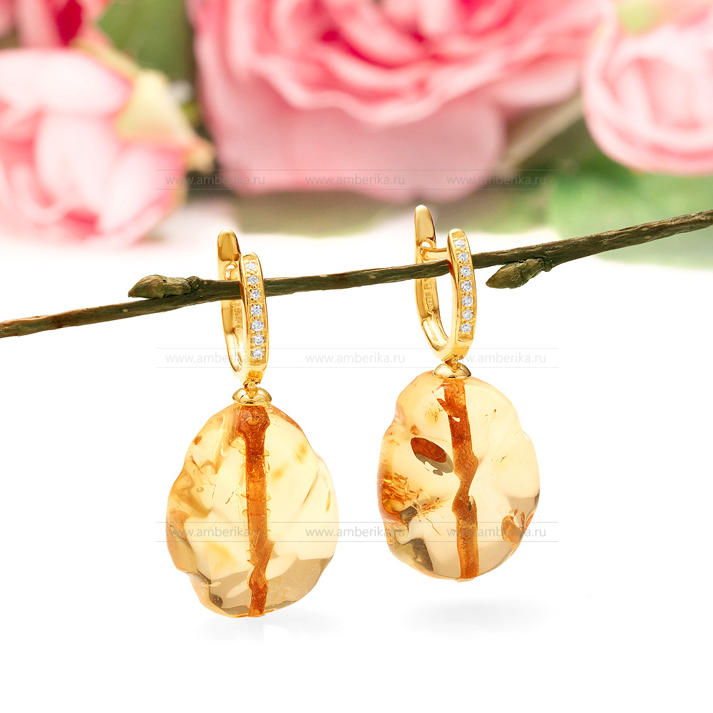 Серьги из серебра 925 пробы, украшенные золотистым янтарем, артикул 11402