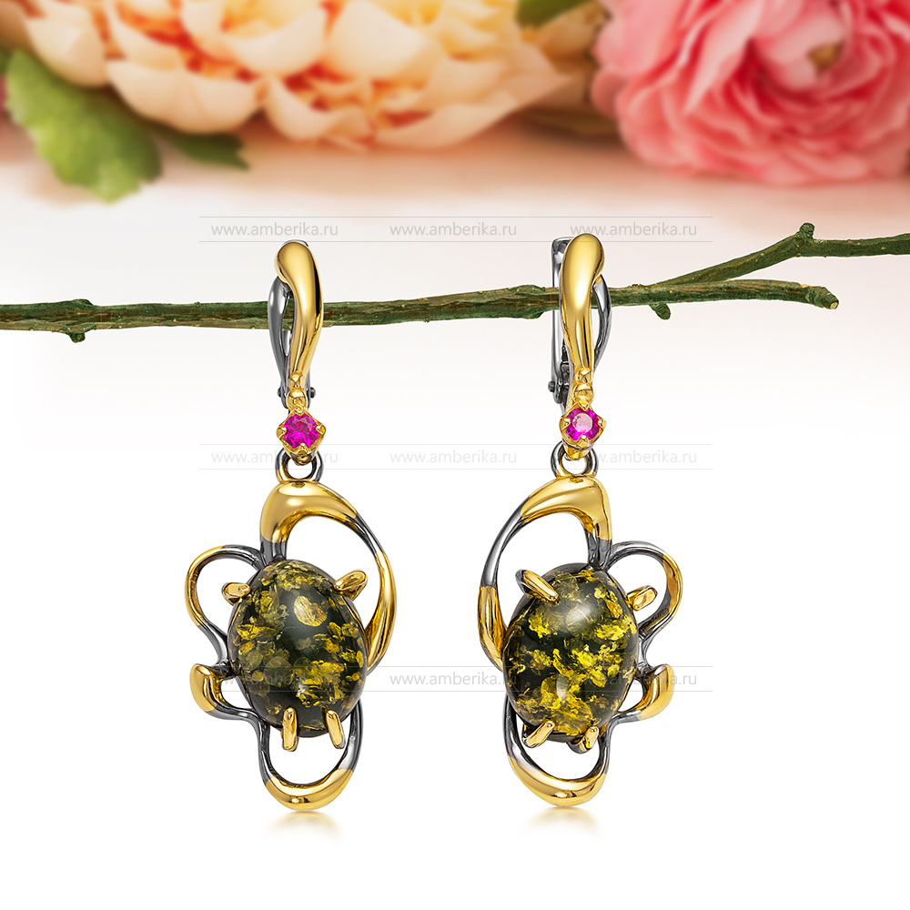 Серьги "Ажур" из серебра 925 пробы с зеленым балтийским янтарем, артикул 12089