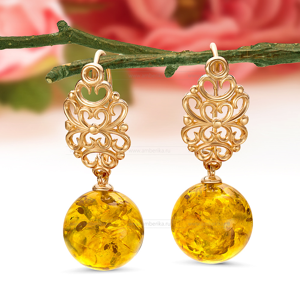 Серьги из серебра 925 пробы с золотистым балтийским янтарем, артикул 12000