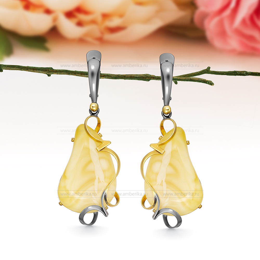 Серьги из серебра 925 пробы, украшенные лимонным природным янтарем, артикул 10827