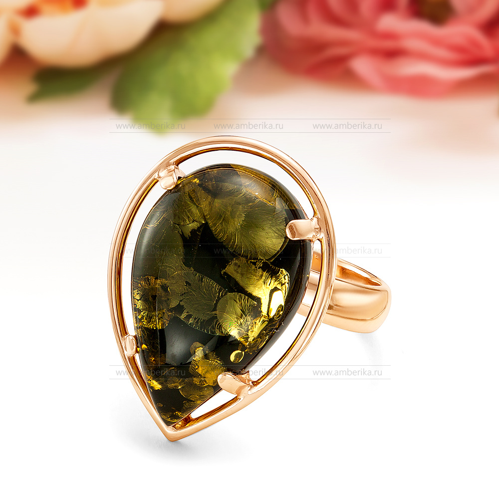 Кольцо из серебра 925 пробы с зеленым балтийским янтарем, артикул 11069