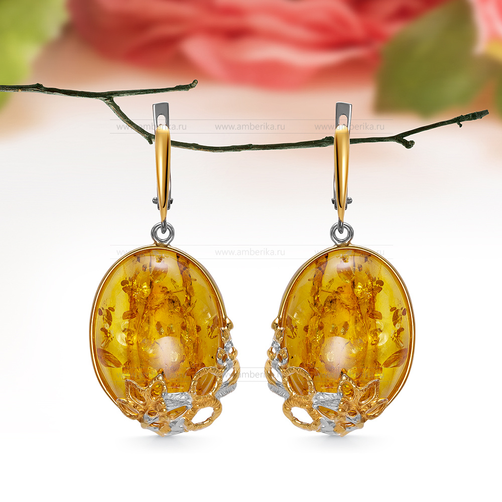 Серьги из серебра 925 пробы с золотистым природным балтийским янтарем, артикул 12571