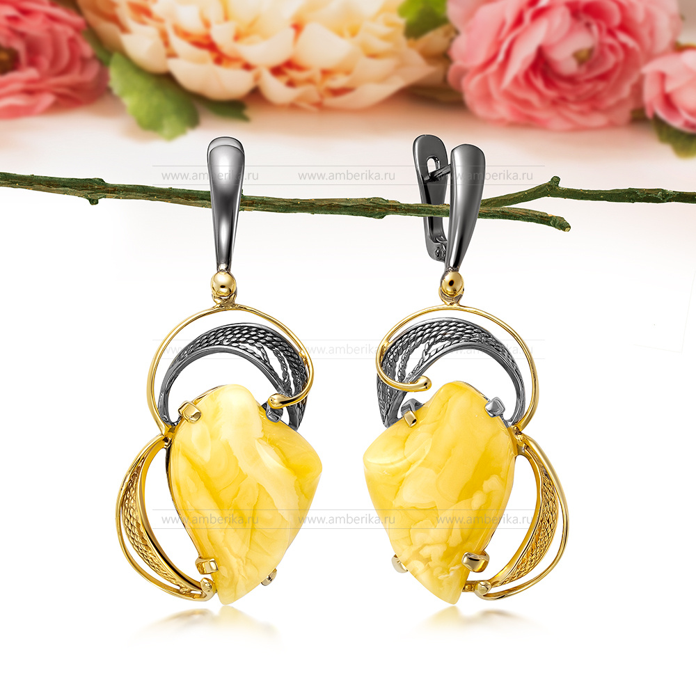 Серьги из серебра с лимонным балтийским янтарем, артикул 11991