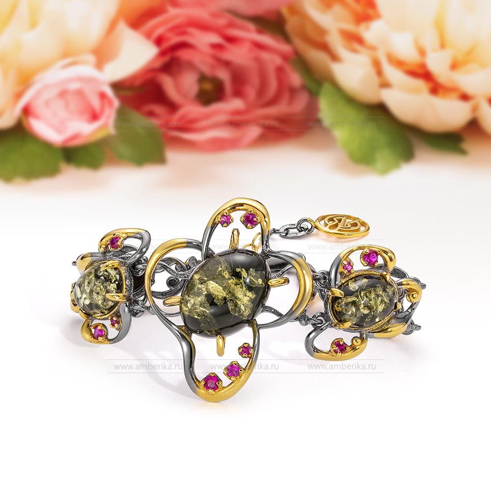 Браслет "Ажур" из натурального зеленого балтийского янтаря в серебре, артикул 12243