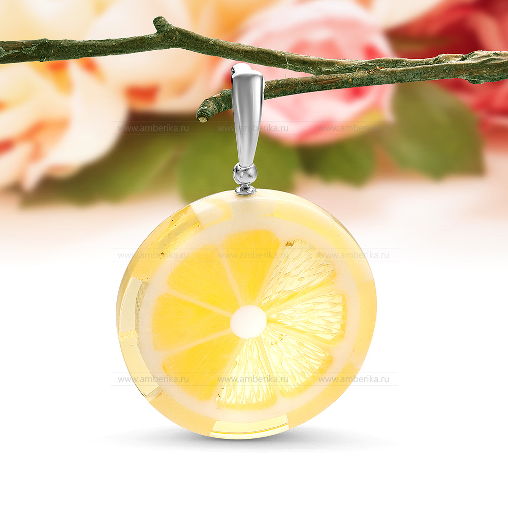 Кулон "Цитрус" из серебра 925 пробы, украшенный лимонным янтарем, артикул 11616