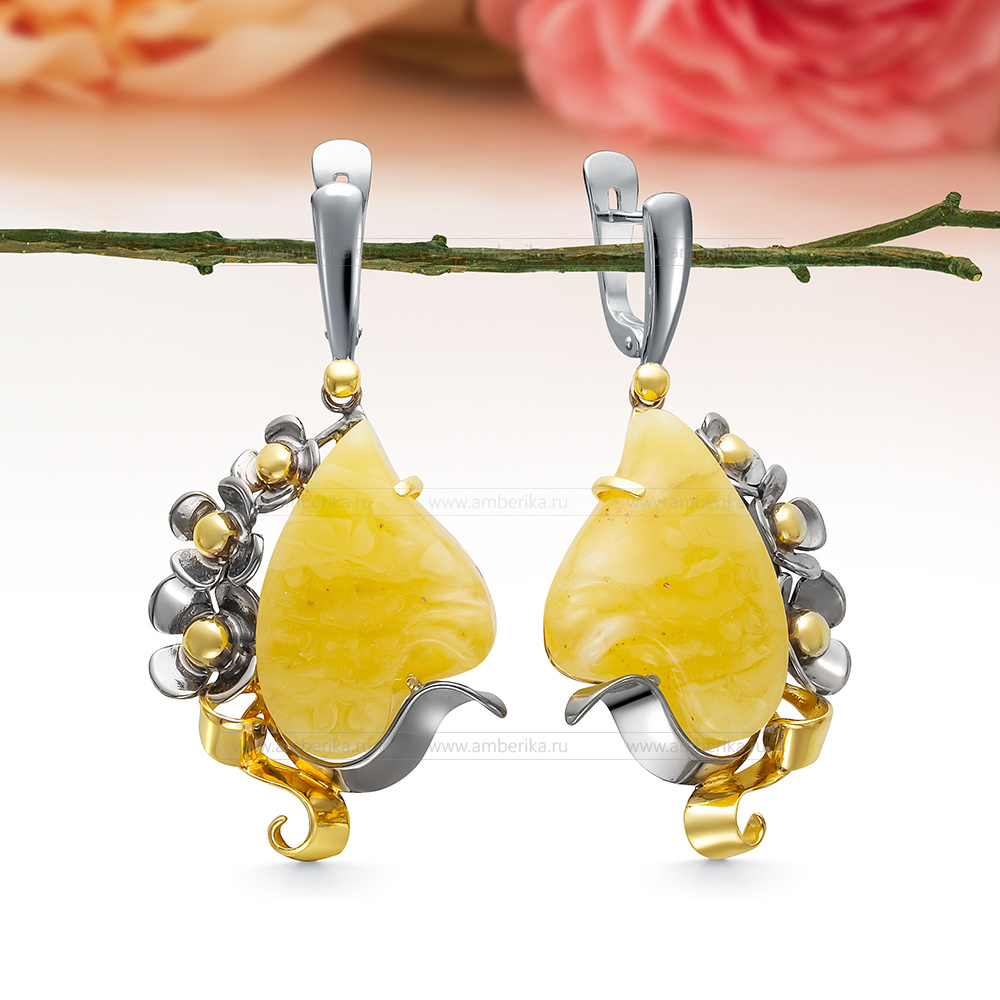 Серьги из серебра 925 пробы с лимонным природным балтийским янтарем, артикул 12632