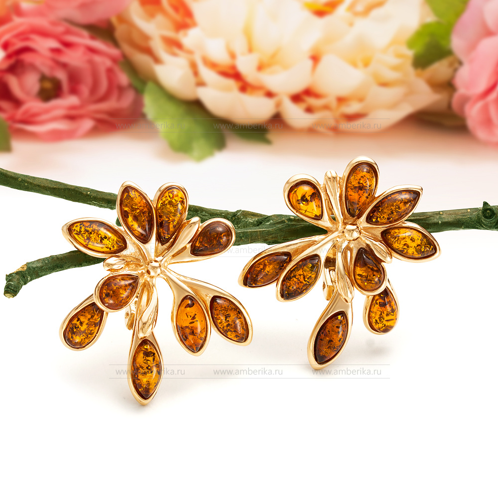 Серьги "Брызги шампанского" из серебра 925 пробы с коньячным янтарем, артикул 11797