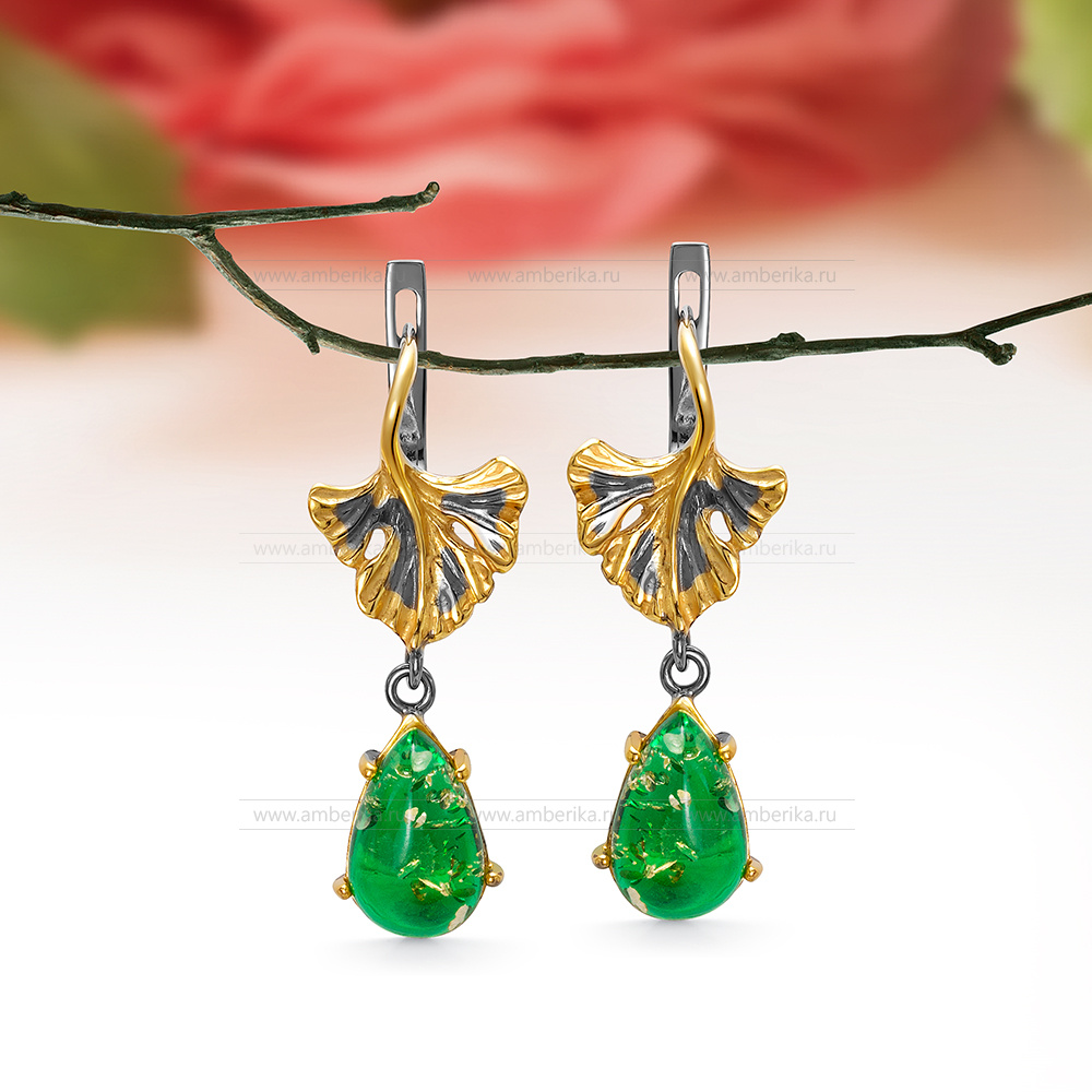 Серьги из серебра 925 пробы с зеленым природным балтийским янтарем, артикул 12183