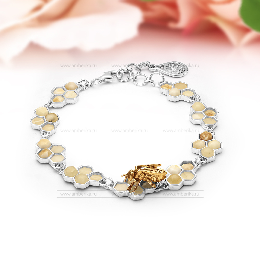 Браслет "Медовый" из серебра с лимонным балтийским янтарем, артикул 11270