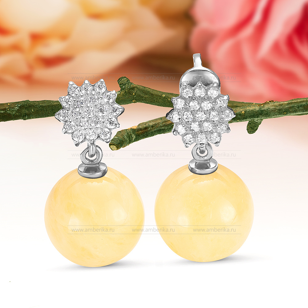 Серьги из серебра 925 пробы с лимонным балтийским янтарем, артикул 12398
