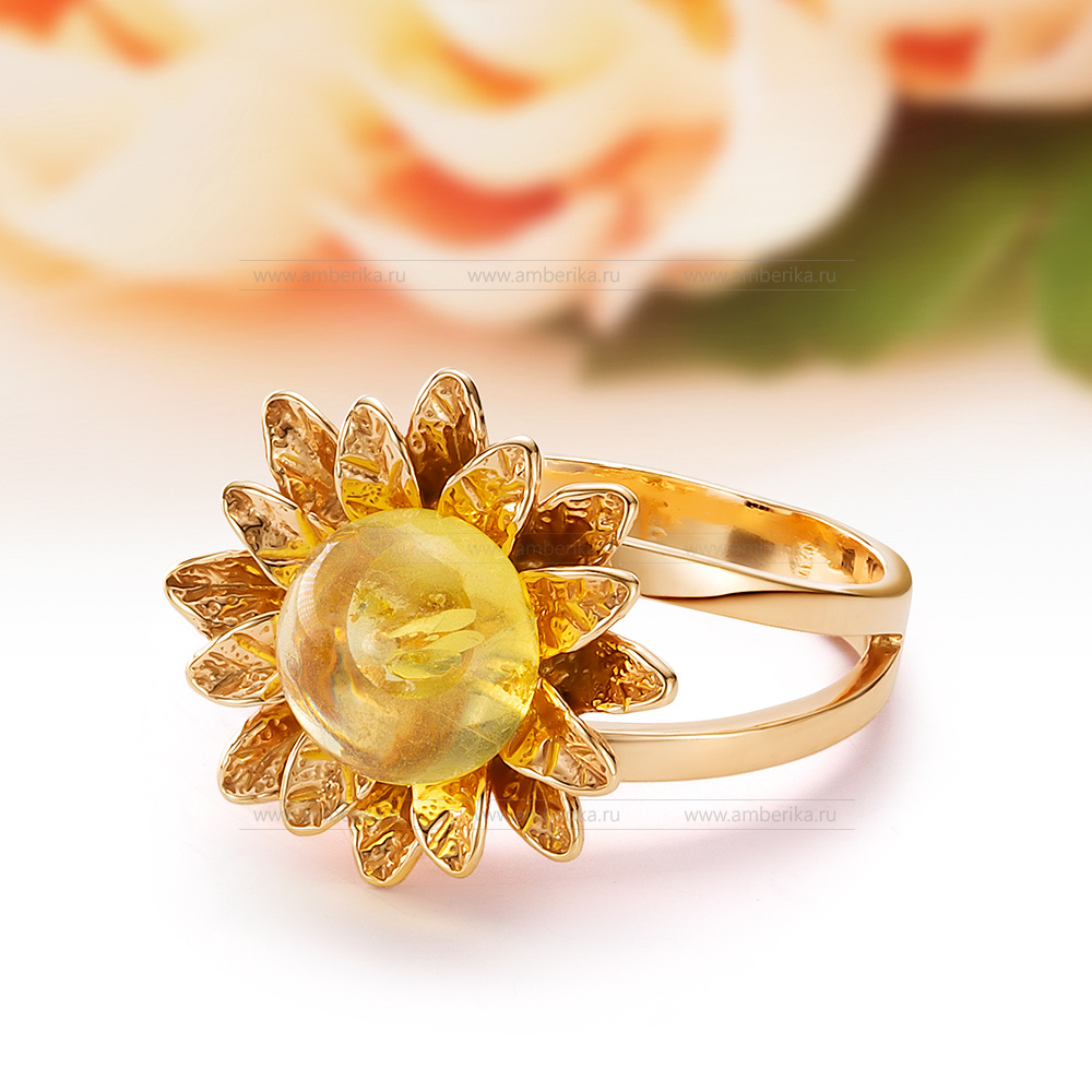Кольцо из серебра 925 пробы с лимонным природным балтийским янтарем, артикул 12587