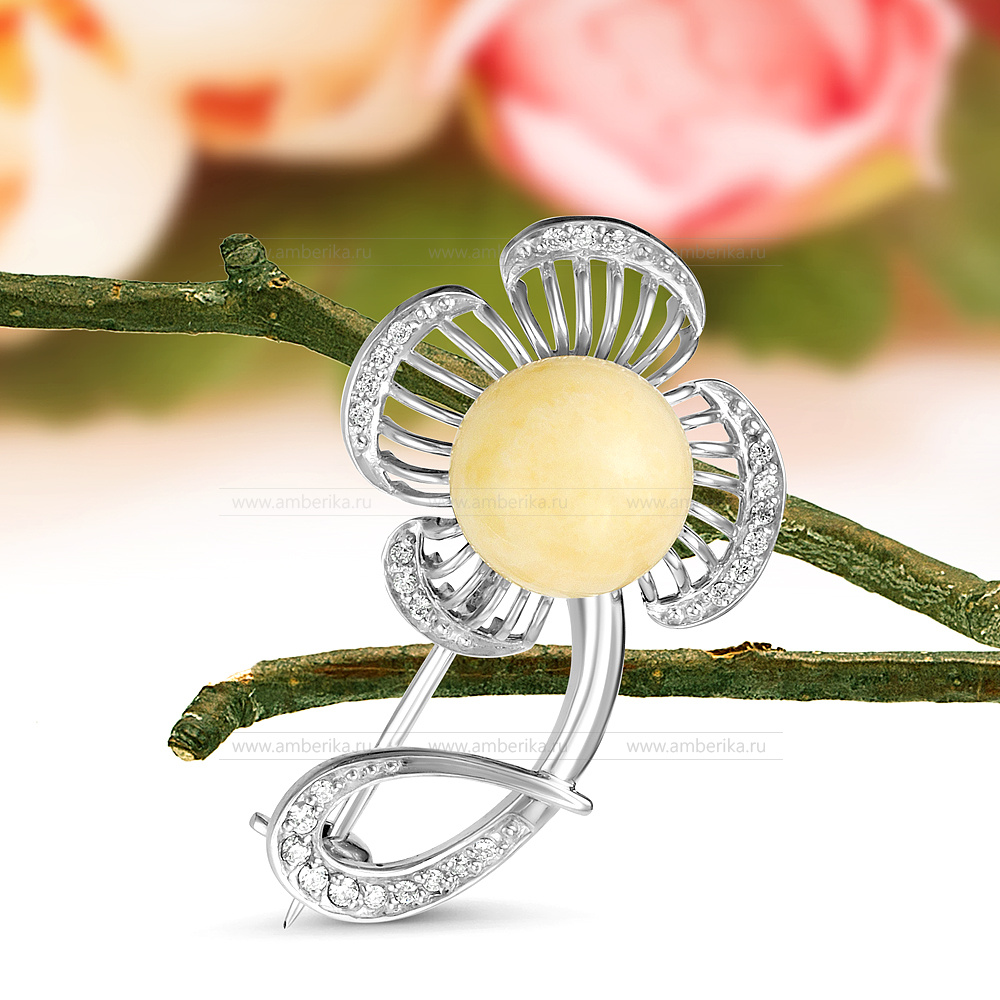 Брошь "Цветок" из серебра 925 пробы с лимонным балтийским янтарем, артикул 12465