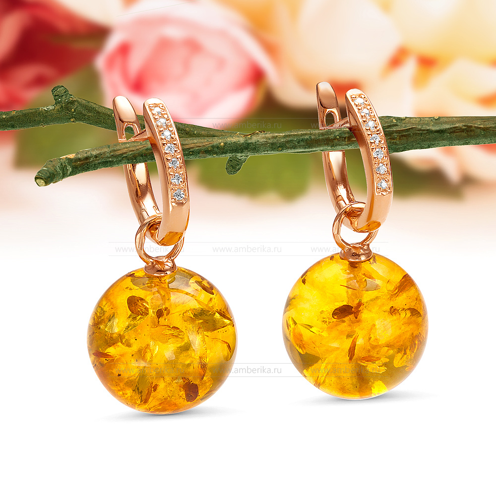 Серьги из серебра 925 пробы с золотистым балтийским янтарем, артикул 12440