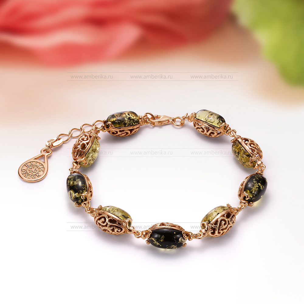 Браслет "Фаберже" в серебре с позолотой из зеленого балтийского янтаря, артикул 12353