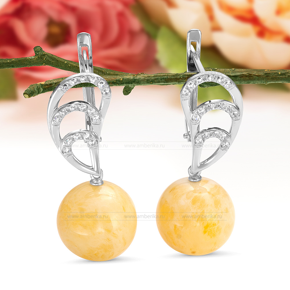 Серьги из серебра 925 пробы с лимонным балтийским янтарем, артикул 12397