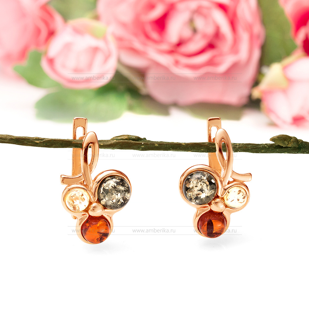 Серьги из серебра 925 пробы, украшенные природным янтарем "микс", артикул 11387