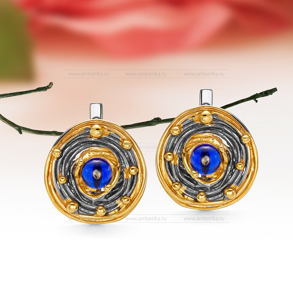 Серьги из серебра 925 пробы с синим природным балтийским янтарем, артикул 12613