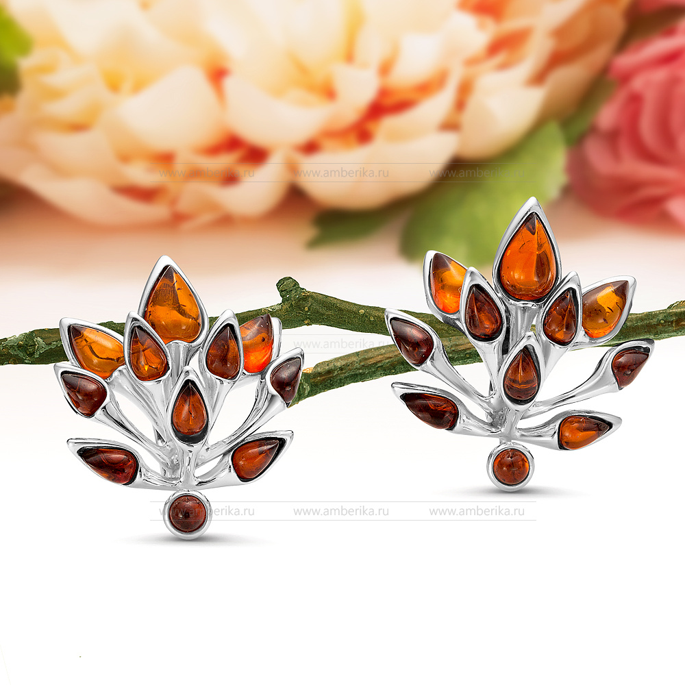 Серьги из серебра 925 пробы с коньячным балтийским янтарем, артикул 12313