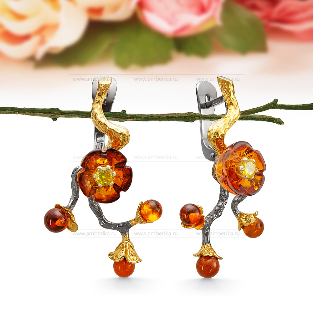 Серьги из серебра 925 пробы с коньячным природным балтийским янтарем, артикул 12641