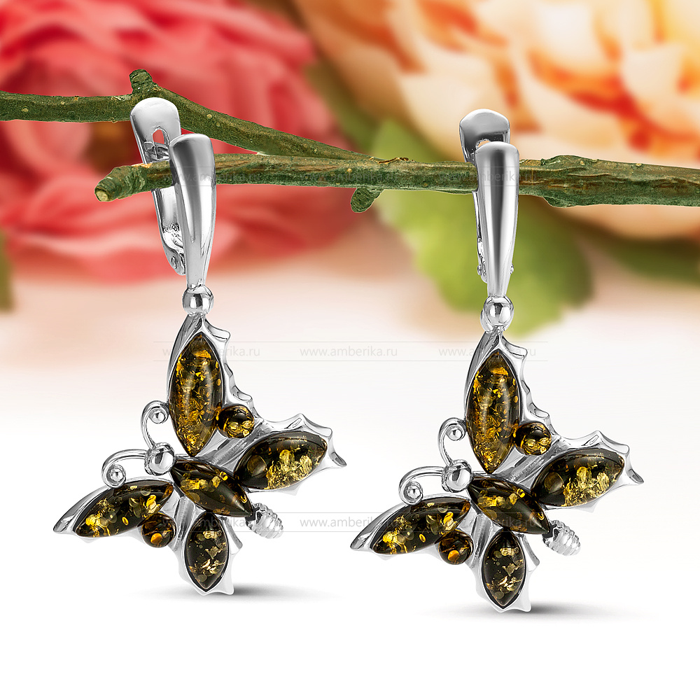 Серьги "Бабочки" из серебра 925 пробы с зеленым балтийским янтарем, артикул 12311