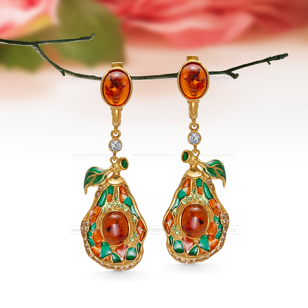 Серьги из серебра 925 пробы с коньячным природным балтийским янтарем, артикул 12565