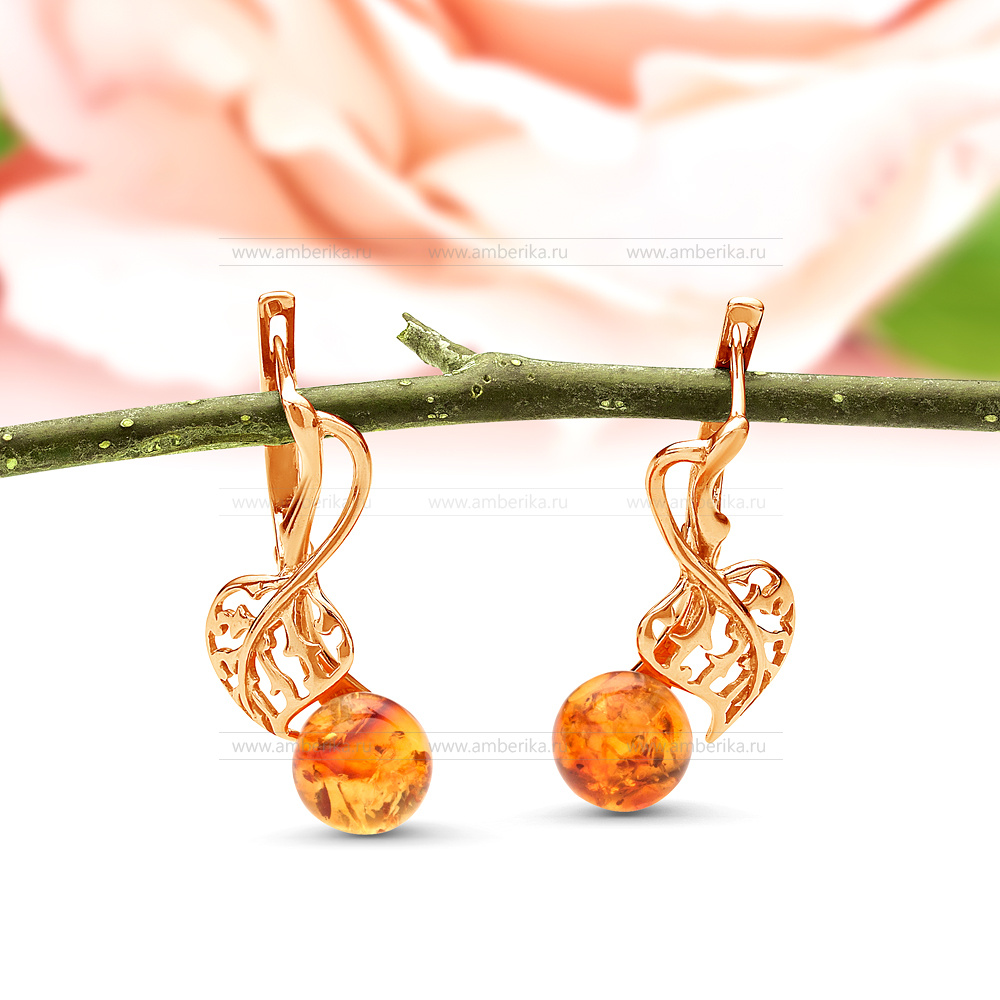 Серьги из серебра 925 пробы, украшенные коньячным природным янтарем, артикул 11224