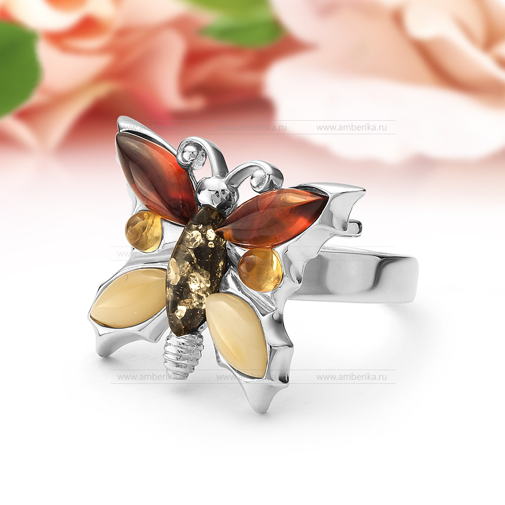 Кольцо "Бабочки" из серебра с природным балтийским янтарем "микс", артикул 11192