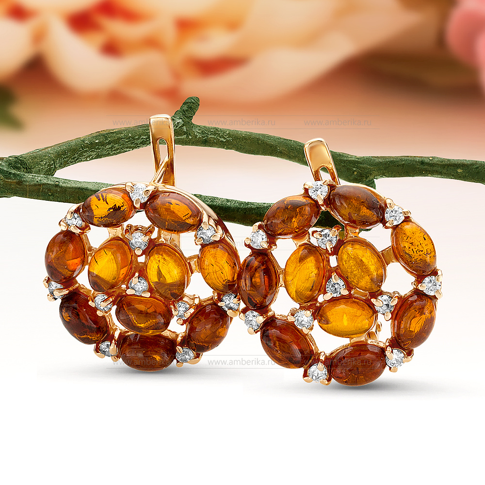 Серьги из серебра 925 пробы с коньячным балтийским янтарем, артикул 12157