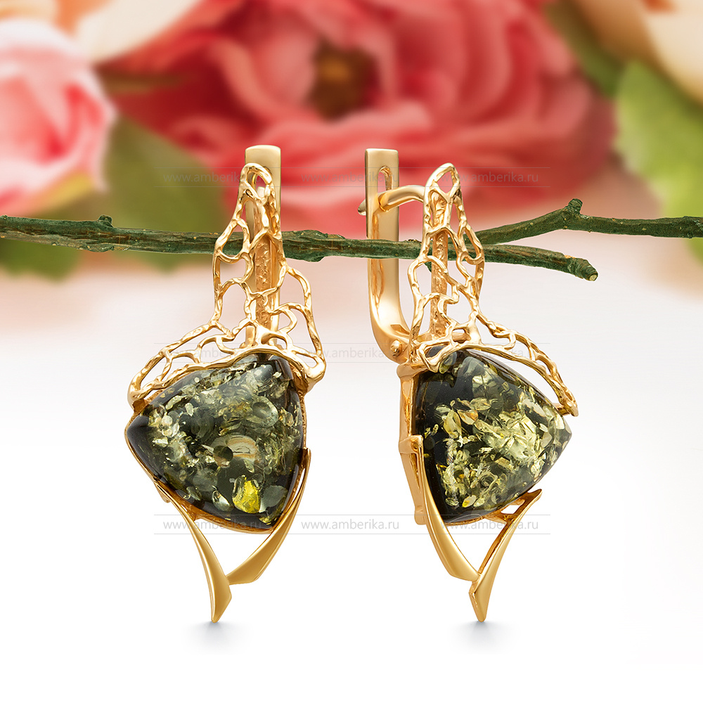 Серьги из серебра 925 пробы с зеленым природным балтийским янтарем, артикул 12583